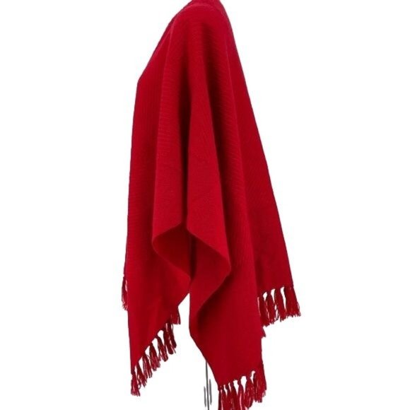 Handwoven Fringed Wool Poncho Red Churchill Artisan Made Shawl Wrap - Christmas - Picture 5 of 8